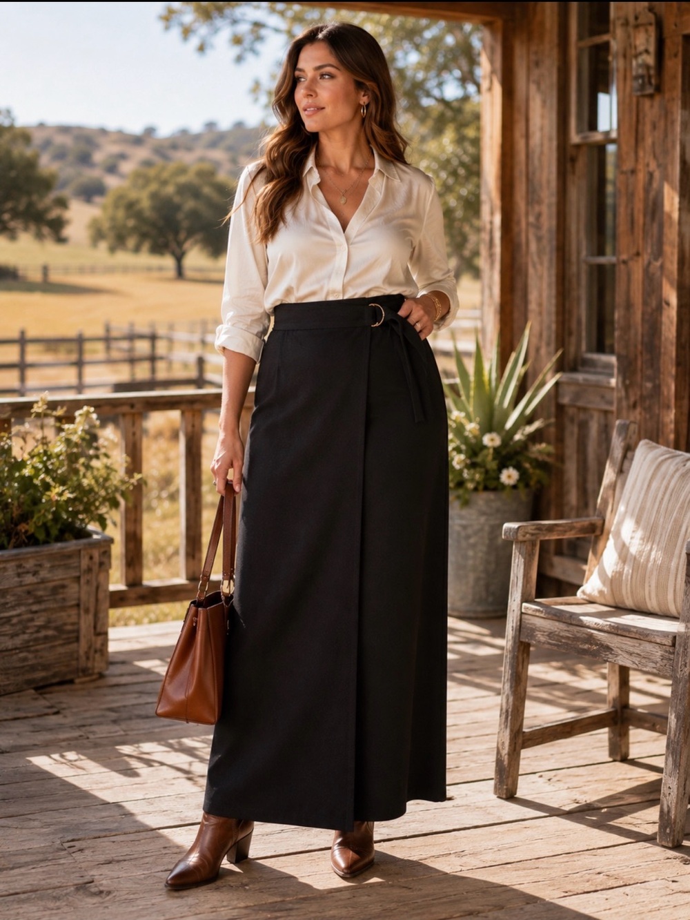Talbots Size 8 Black Faux Suede Wrap Maxi Skirt D-Ring Buckle